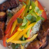 Pork Belly · Pickled onions, cilantro, brown rice, peppers, red sauce.