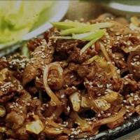 Pork Spicy Bbq Korean Marinated With Side Of Lettuce Wrap · Side dishes and one rice included.
