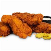 4 Piece Hot Chicken Tenders · crispy chicken tenders • heat choice •  pickles • choice of dip