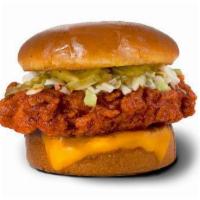 Hot Chicken Tender Sandwich With Cheese · crispy tenders • heat choice • cheese • coleslaw • pickles • toasted bun