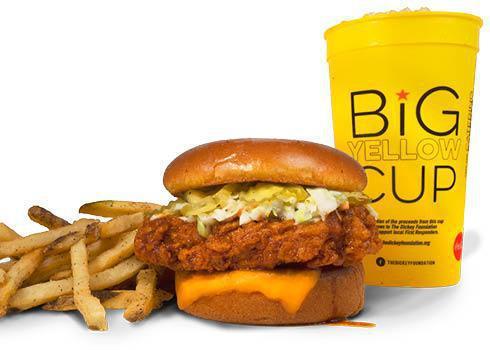 Hot Chicken Sandwich With Cheese Combo · small fries, tots, mac & cheese or coleslaw & a big yellow cup