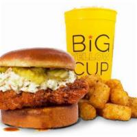 Hot Chicken Sandwich Combo · small fries, tots, mac & cheese or coleslaw & a big yellow cup