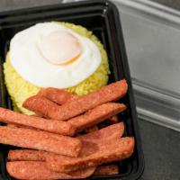Spam Egg & Rice · Slices of fried spam, served with rice and egg.