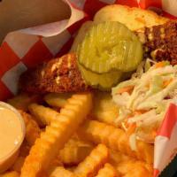 Hot Chicken Tender And Fries · Hot chicken, Coleslaw, Pickles, Served on Toast with a side of Seasoned Fries and our House ...