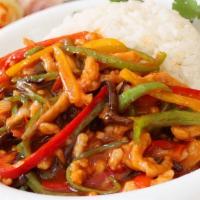 Szechuan Pork · Pork, bell pepper, carrots, and bamboo shoots in spicy sauce. Healthy. Spicy.