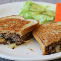 Patty Melt · 1/4 lb. ground beef served w/ melted cheese, chopped onions and french fries