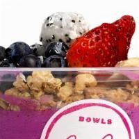 The O.G.L.C · Base: organic pitaya, banana, coconut, vanilla, oat milk. Toppings: granola, strawberry, ban...