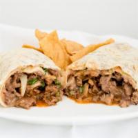 Carne Asada Burrito · Carne Asada(Steak), refried beans, cilantro, onions, and salsa wrapped in a flour tortilla.