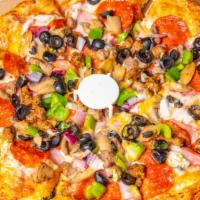 The Combination Pizza · Premium salami, Canadian bacon, pepperoni, canned mushrooms, black olives, red onions, diced...