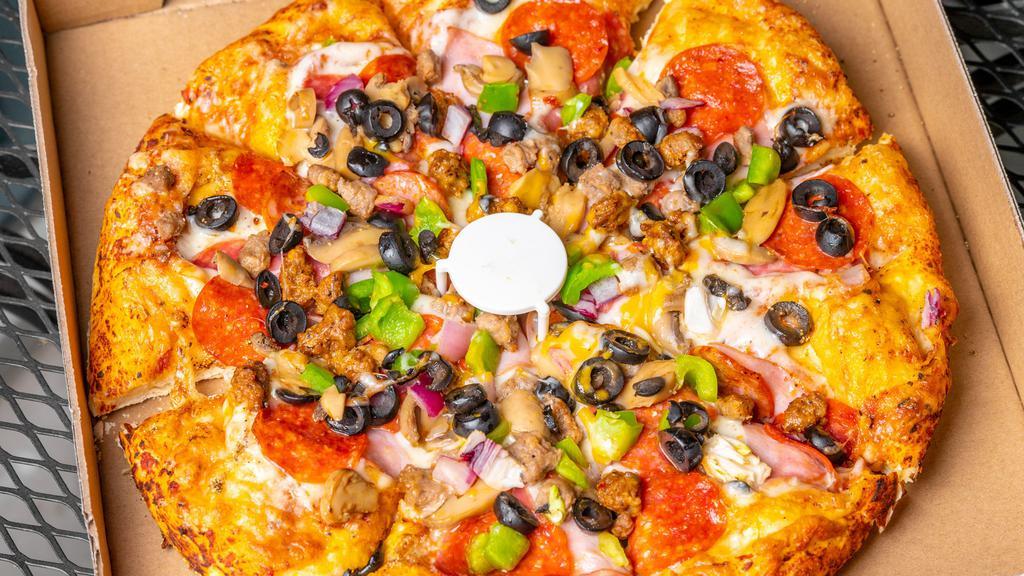 The Combination Pizza · Premium salami, Canadian bacon, pepperoni, canned mushrooms, black olives, red onions, diced bells peppers, ground and Italian sausage on red sauce.
