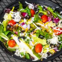 Fresh Garden Salad · 50/50 mix, tomatoes, red onions, olives, cheese.