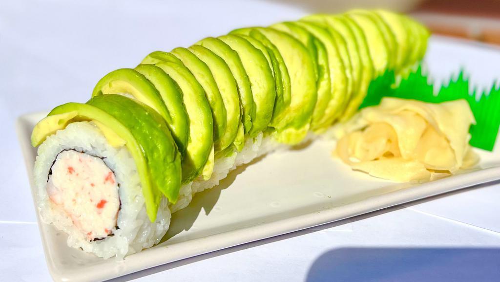 Mexican Roll · Inside: Sushi shrimp, imitation crab. 
Outside: Avocado, Eel Sauce, Spicy Mayo