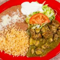 Chile Verde Plate · Chile verde, beans, rice, lettuce and tomato.