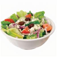 Greek Salad · Romaine lettuce, sliced cucumbers, tomatoes, artichokes, Kalamata olives, pepperoncini, red ...