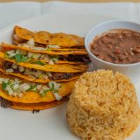 Tacos Dorados De Birria · Orden de 4 tacos dorados de Birria, acompanados de Arroz, Frijol y Consome
Order four tacos ...