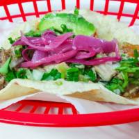 Taco (1/4 Lb) · Handmade tortilla, the meat of your choice,  cilantro, onion, purple onion, avocado, lemon, ...
