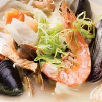 White Jjam-Ppong-Bap · Non-spicy seafood soup with pork, shrimp, mussel, mitra squid, shiitake, wood-ear mushroom a...