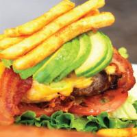Kyle'S Burger · Handshape 1/2 lb. Angus patty, melted American, Cheddar cheese, lettuce, tomato, bacon, avoc...