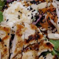 Oriental Chicken Salad · Grilled chicken breast on green, spring mix, carrots, red cabbage, chopped tomatoes, bean sp...