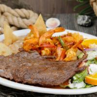Mar Y Tierra · Choice of: Grilled Shrimp or a la diabla shrimp served with steak (Flat meat) and  rice and ...