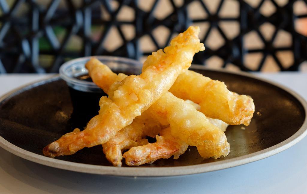 Shrimp Tempura (5) · Fried battered shrimps served with sweet sauce.