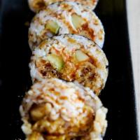Spider Roll · Deep fried soft shell crab, imitation crab meat, cucumber, avocado