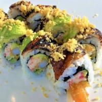 Crunchy Dragon Roll · Shrimp tempura, crab meat, cucumber, avocado, topped with eel, avocado, crunch, eel sauce