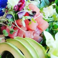 Umami Poke Bowl · Seaweed salad and avocado, gobo, radish, kaiware over sushi rice with choice of protein(s) a...