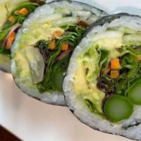 Vegetable Roll · In: spring mix, avocado, kanpyo, gobo, cucumber, asparagus wrapped with seaweed and soy paper.