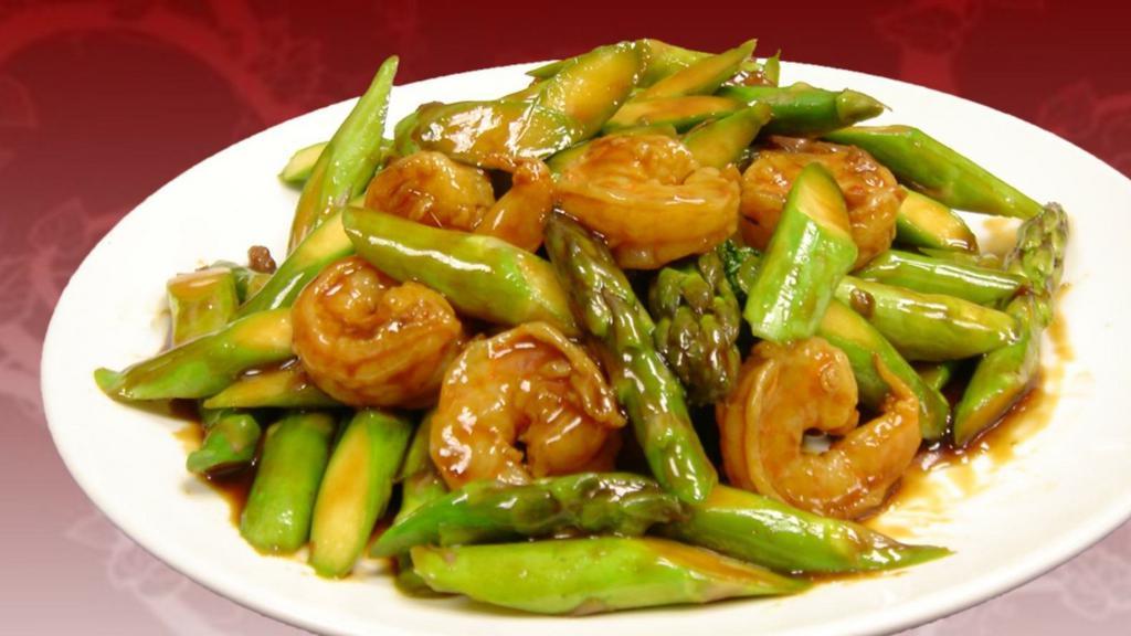 Asparagus Shrimp · Stir-fried shrimp with asparagus in a savory black bean sauce.