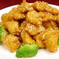 Sesame Chicken · Fried chicken stir-fried with our sweet and savory Sesame sauce. Topped with sesame seeds an...