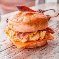 Chipotle Bacon & Egg Biscuit · Mexico city style house made toasted butter biscuit, farm fresh eggs, sharp cheddar cheese, ...