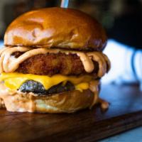 The H Mac Burger · 6oz Angus Beef Patty, Crispy Macaroni Patty, Chipotle Aioli, American Cheese, Brioche Bun
