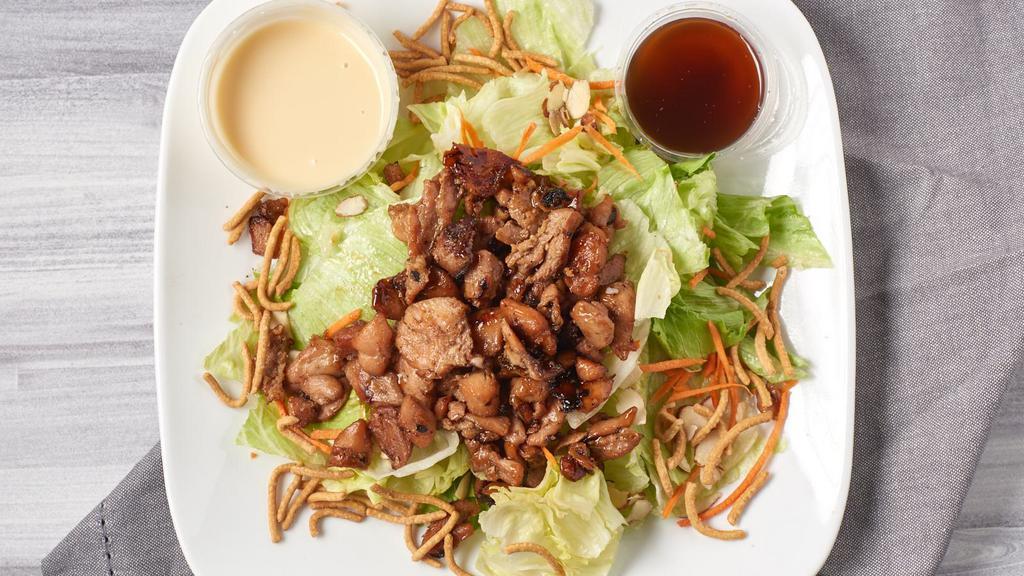 Teriyaki Chicken Salad · Grilled teriyaki chicken, silvered almonds, crunchy noodles, shredded carrots and lettuce with sesame dressing & house dressing.