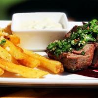 Steak & Frites · 8oz Angus Baseball Cut, Chimichurri, Blueberry Puree, Parmesan Truffle Frites, Blue Cheese H...