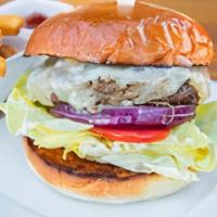 Knotty Burger · Lettuce, tomato, red onions, cheese, toasted brioche bun, fries