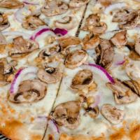 White Mushroom Pizza · alfredo sauce, mozzarella, mushrooms, red onions, roasted garlic