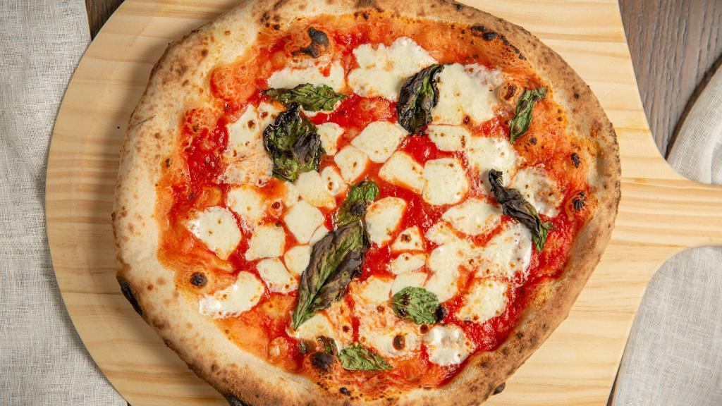 Margherita · San Marzano tomato sauce, fresh mozzarella, basil, Parmigiana, olive oil.