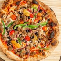 Combo Supreme · San Marzano tomato sauce, mozzarella, beef sausage, bell peppers, olives, onions, tomatoes, ...