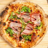 Bianco · Mozzarella, ricotta cheese, fig jam, arugula, prosciutto, balsamic glaze.