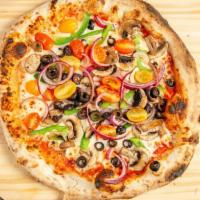 Vegetarian · San Marzano tomato sauce, mozzarella, bell peppers, onions, olives, tomatoes, mushrooms.