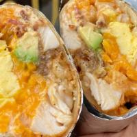 Birdies Breakfast Burrito With Eggs And Bacon (Only Available Until 2Pm) · Scrambled egg with applewood smoked bacon, avocado, caramelized onion, cheddar, and tater tots