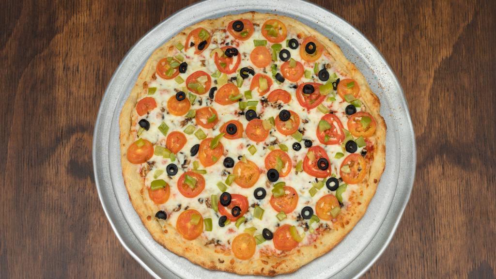 Vegetarian Pizza 18 Inch Pizza!  · Mushrooms, tomatoes, bell peppers, & black olive Vegetarians go nuts for this pizza!