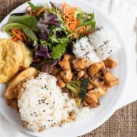Bento Box · Choice of meat, salad, veggie tempura, 4 pc california roll, rice and miso soup.