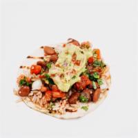 Veggie Taco · Spanish Rice, Pinto beans, House salsa, Guacamole, Salsa Verde, Cilantro.