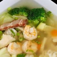 Wor Wonton Soup · BBQ pork, Shrimp, Chicken, Broccoli, Cabbage, Green Onion, Water Chestnut, Zucchini and Carr...