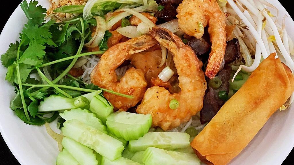 Vermicelli (Original) · Bbq pork & shrimp over a bed of greens, cucumbers, bean sprouts, chilled vermicelli noodles, topped with peanuts and an eggroll.