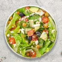 Mediterranean Salad · (Vegetarian) Romaine lettuce, cucumbers, cherry tomatoes, tahini, chickpeas, avocado, olives...