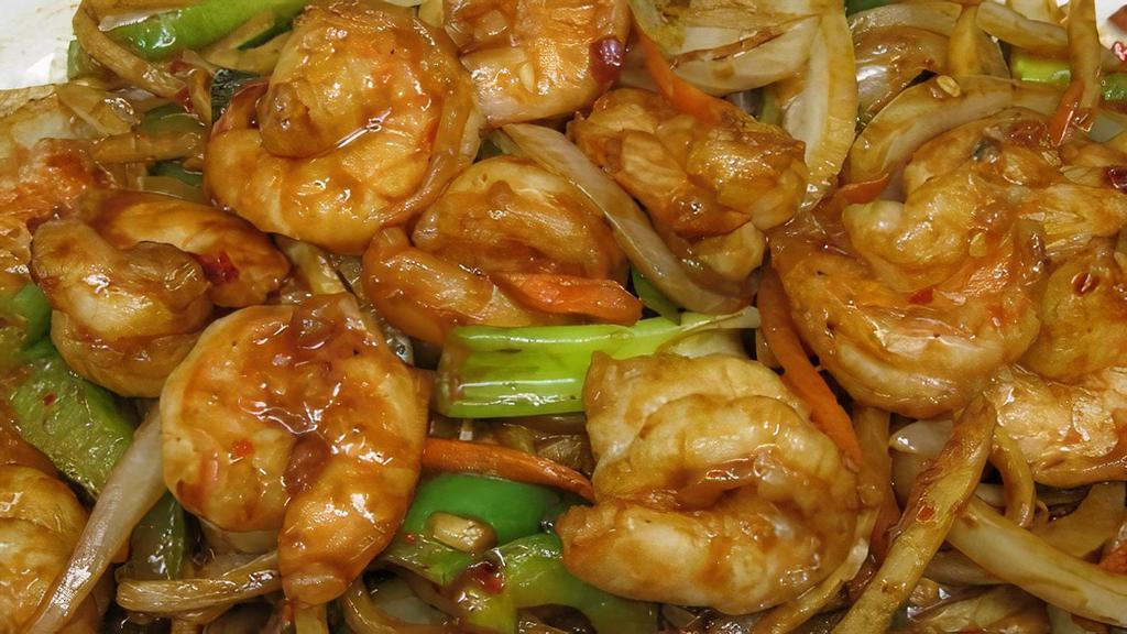 Shrimp With Spicy Garlic Sauce · Spicy. Shrimp stir fried with strips of vegetables in a sweet sour spicy brown sauce.
