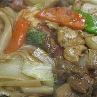 Special Chow Fun · Shrimp, chicken, beef, pork stir fried with mixed vegetables with big soft rice noodles.